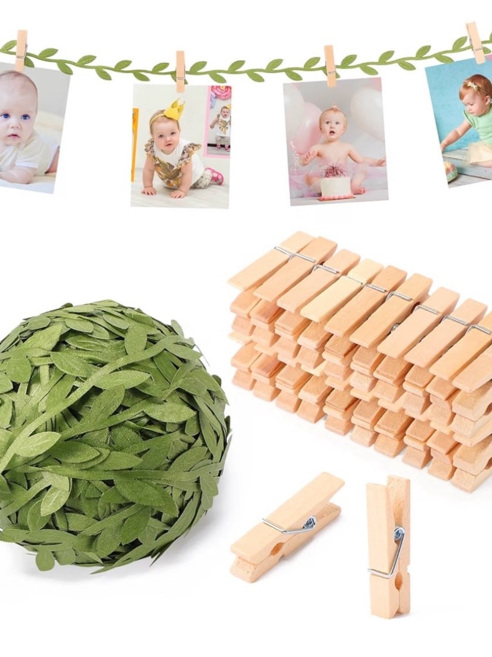 Mini Wooden Clothespins with Green Leaf Garland for Home Party Decor